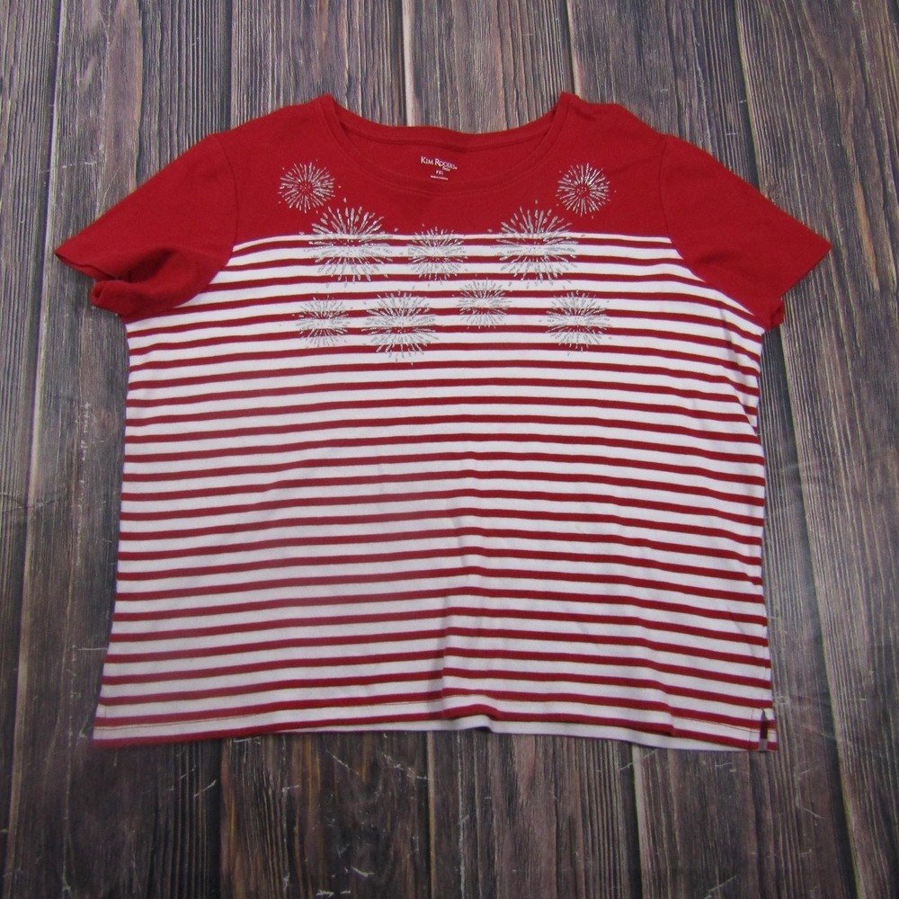 Kim Rogers Shirt Womens PXL Red Striped Fireworks‎ Patriotic Short Sleeve Tee